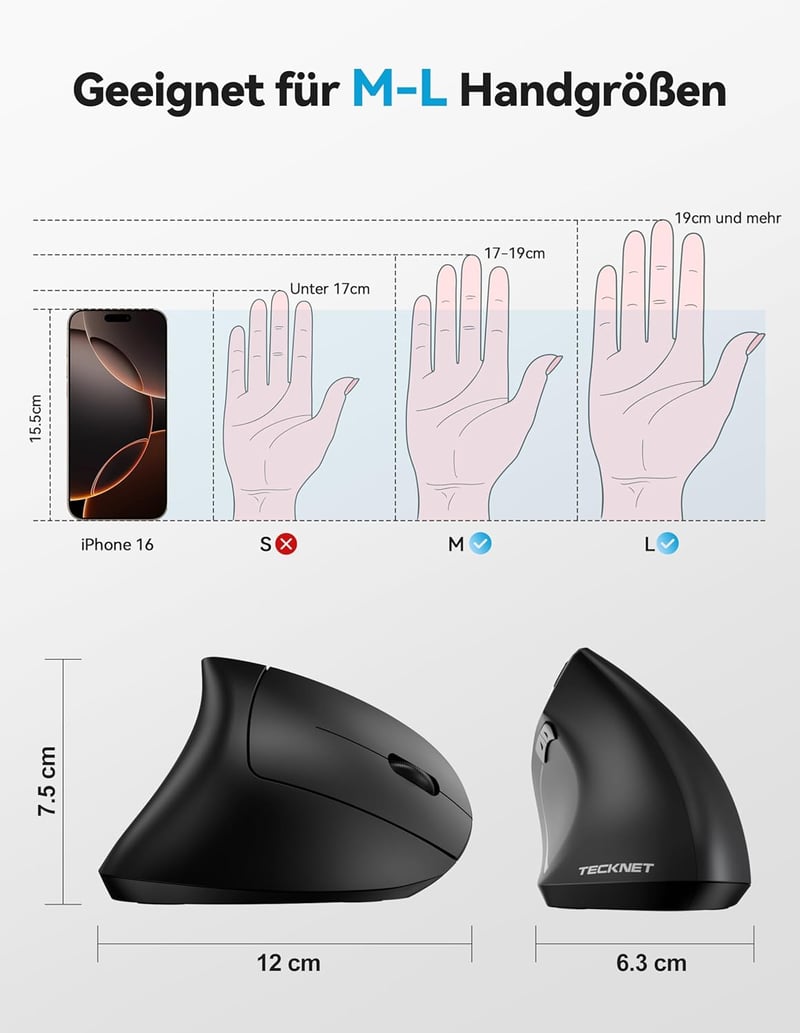 TECKNET Ergonomikus Bluetooth Egér, Újratölthető Vezeték Nélküli Vertikális Egér 4800 DPI
