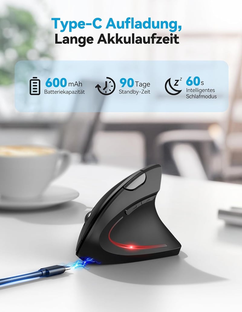 TECKNET Ergonomikus Bluetooth Egér, Újratölthető Vezeték Nélküli Vertikális Egér 4800 DPI