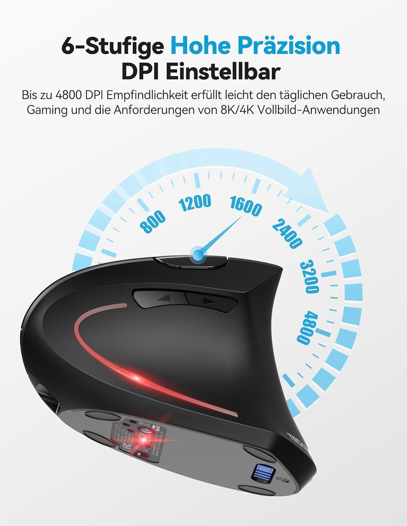 TECKNET Ergonomikus Bluetooth Egér, Újratölthető Vezeték Nélküli Vertikális Egér 4800 DPI