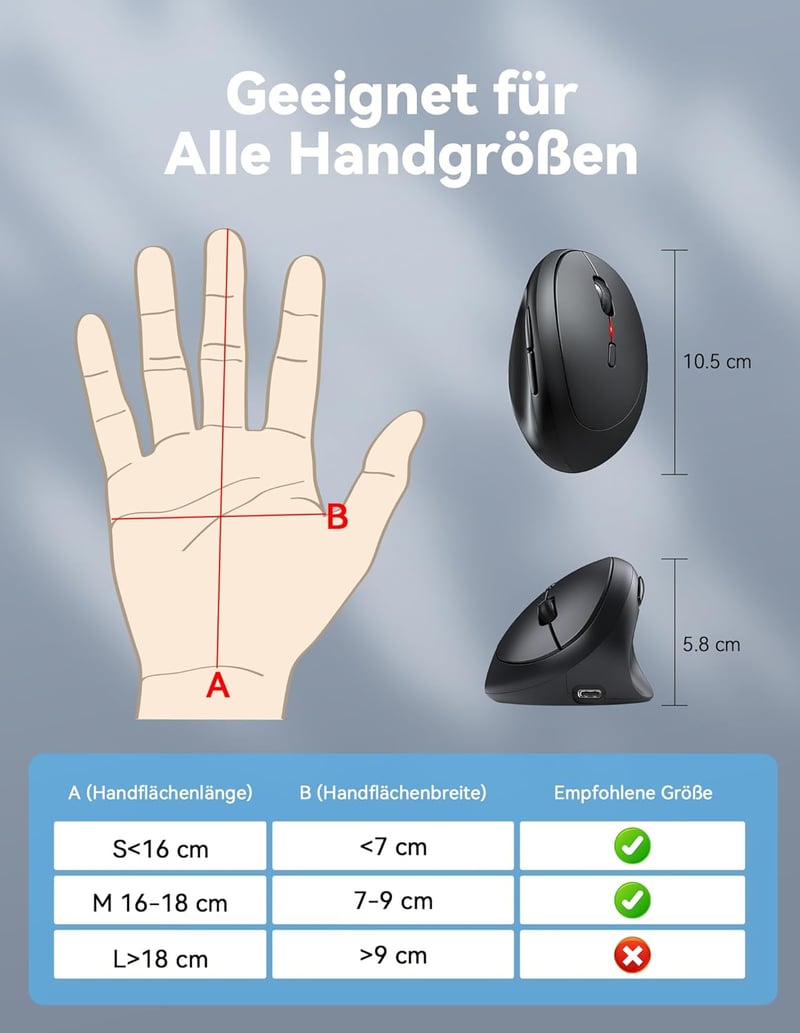 TECKNET Ergonomikus Bluetooth Egér Vezeték Nélküli 3 Eszközhöz 4800 DPI Csendes
