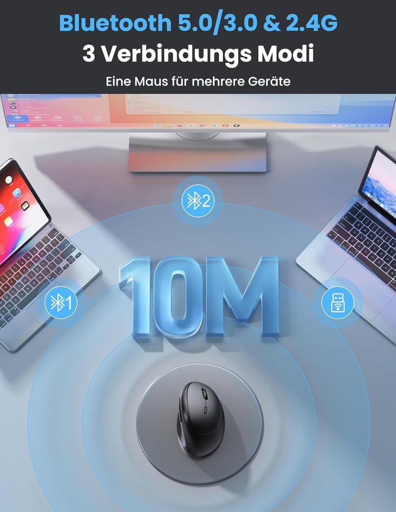 TECKNET Ergonomikus Bluetooth Egér Vezeték Nélküli 3 Eszközhöz 4800 DPI Csendes