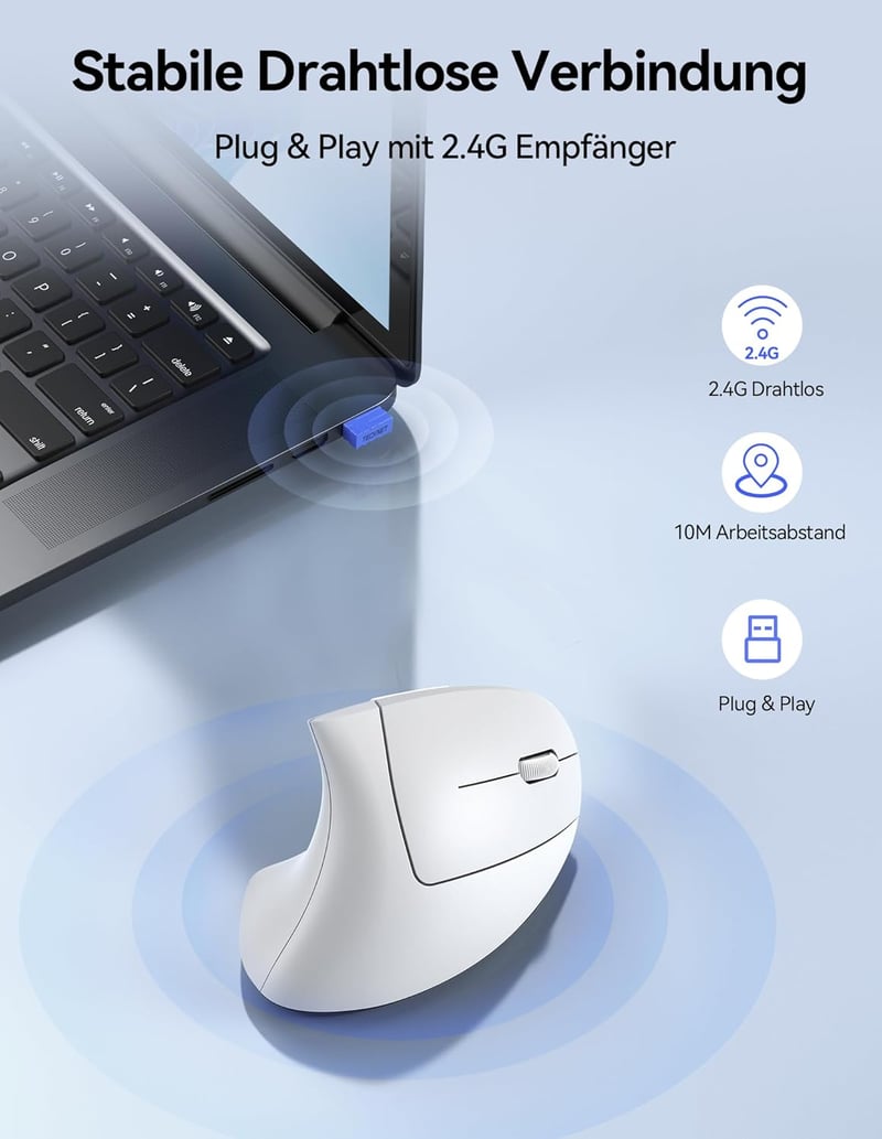 TECKNET Ergonomikus Vezeték Nélküli Egér 2.4G Optikai 4800DPI 6 Gomb Laptop PC Mac - White