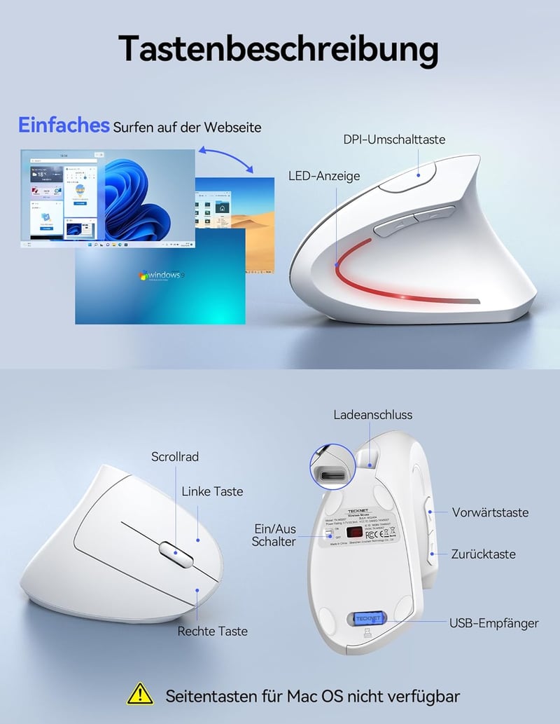 TECKNET Ergonomikus Vezeték Nélküli Egér 2.4G Optikai 4800DPI 6 Gomb Laptop PC Mac - White