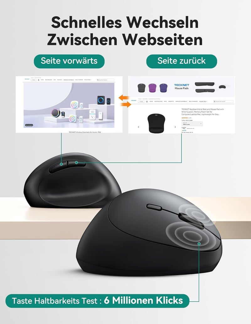 TECKNET Ergonomikus Vezeték Nélküli Egér 4800 DPI, Csendes Vertikális Egér 6 Gombbal