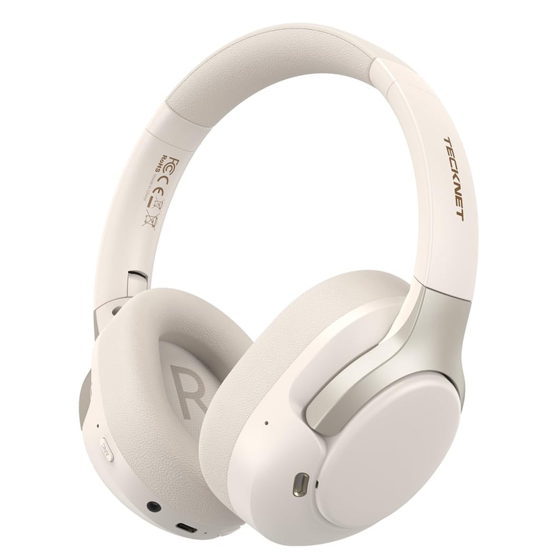 Bluetooth 6.0 slúchadlá cez uši TECKNET s aktívnym potlačením hluku, 70 hodín prehrávania, 6 režimov EQ, 3,5 mm audio kábel, biele