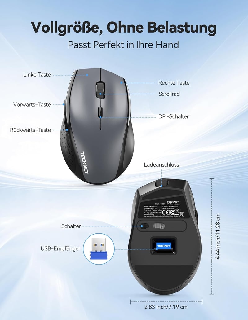 TECKNET PRO Vezeték nélküli egér 6400 DPI, ergonomikus, 6 gomb, szürke