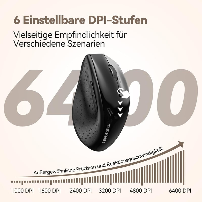 TECKNET PRO Vezeték Nélküli Egér Jiggler Funkcióval, Újratölthető, Csendes, 6400 DPI, Ergonomikus, 6 Gombos, PC, Laptop, Chromebook, Mac