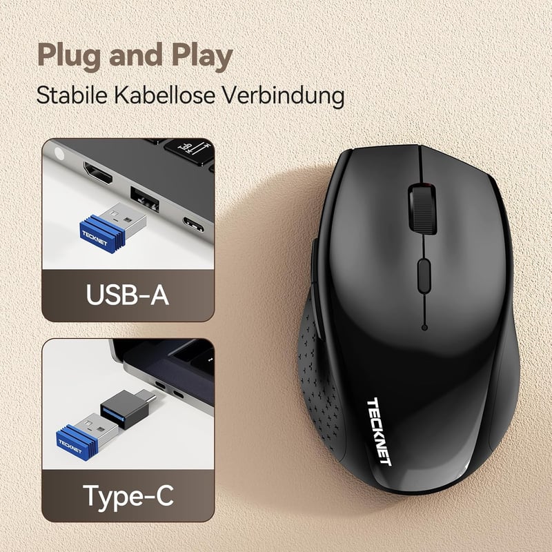 TECKNET PRO Vezeték Nélküli Egér Jiggler Funkcióval, Újratölthető, Csendes, 6400 DPI, Ergonomikus, 6 Gombos, PC, Laptop, Chromebook, Mac