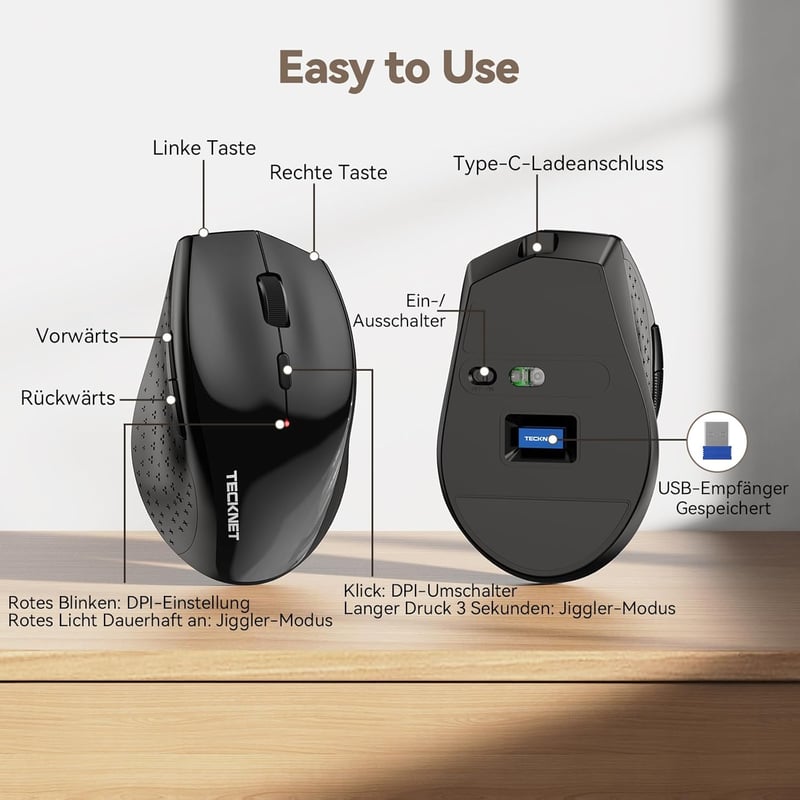 TECKNET PRO Vezeték Nélküli Egér Jiggler Funkcióval, Újratölthető, Csendes, 6400 DPI, Ergonomikus, 6 Gombos, PC, Laptop, Chromebook, Mac