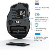 TECKNET Pro Wireless Egér 4000 DPI, 6 Gomb, Ergonomikus Optikai Egér Laptophoz 8