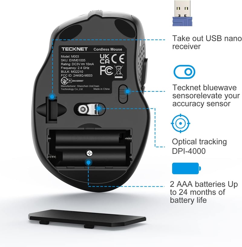 TECKNET Pro Wireless Egér 4000 DPI, 6 Gomb, Ergonomikus Optikai Egér Laptophoz