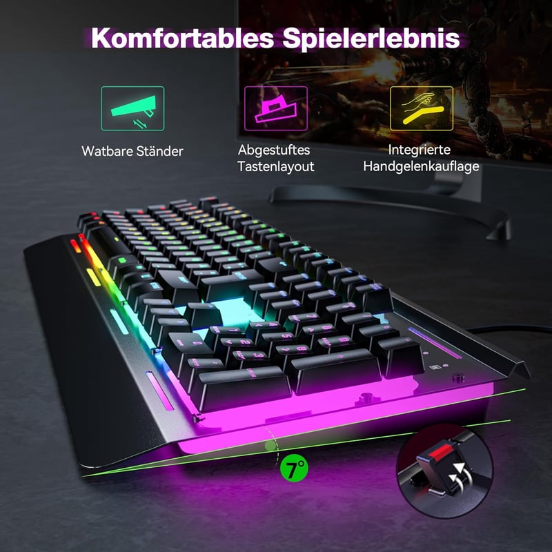 Tastatură gaming TECKNET RGB pentru PC, cu membrană, 105 taste, bază metalică, suport pentru încheieturi, RGB cu 15 zone