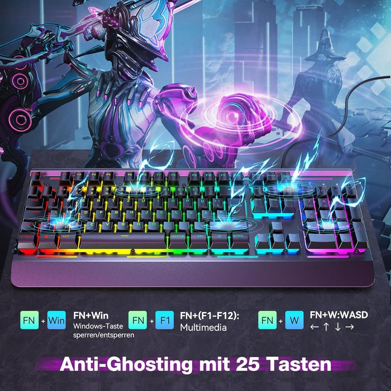Tastatură gaming TECKNET RGB pentru PC, cu membrană, 105 taste, bază metalică, suport pentru încheieturi, RGB cu 15 zone