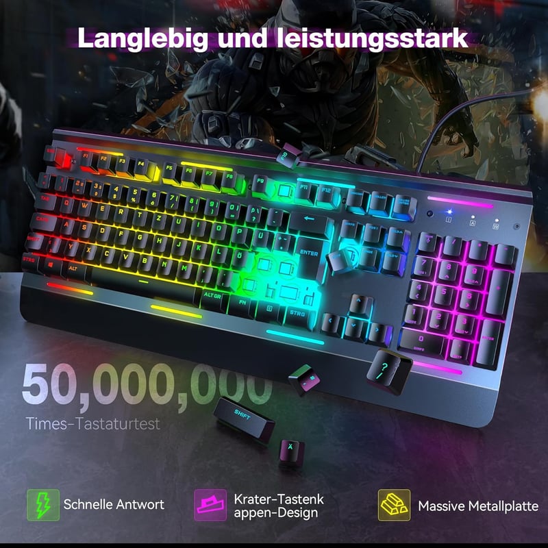 Tastatură gaming TECKNET RGB pentru PC, cu membrană, 105 taste, bază metalică, suport pentru încheieturi, RGB cu 15 zone