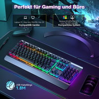 Tastatură gaming TECKNET RGB pentru PC, cu membrană, 105 taste, bază metalică, suport pentru încheieturi, RGB cu 15 zone 7