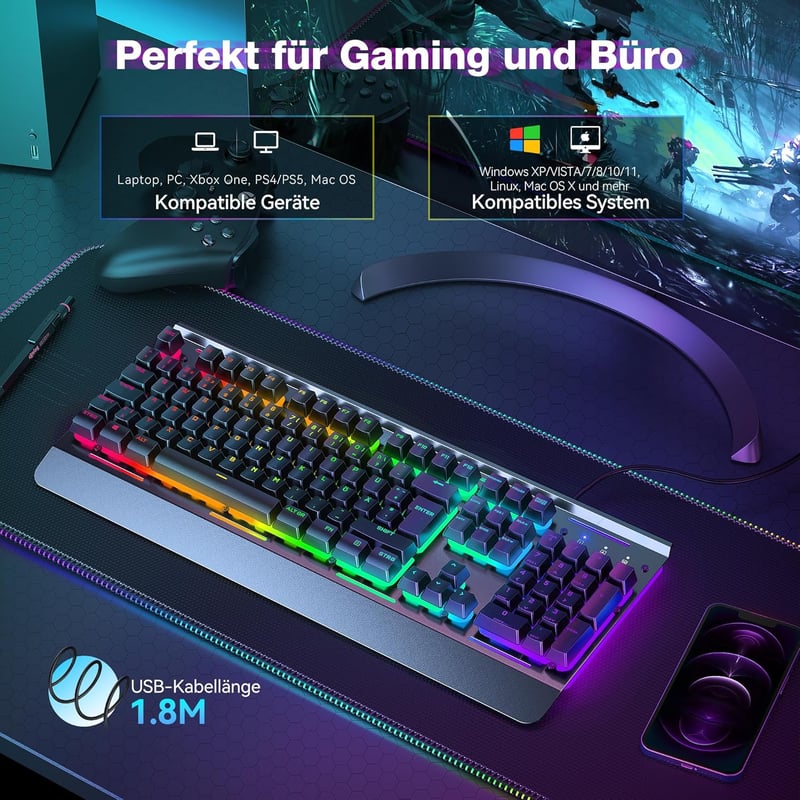Tastatură gaming TECKNET RGB pentru PC, cu membrană, 105 taste, bază metalică, suport pentru încheieturi, RGB cu 15 zone