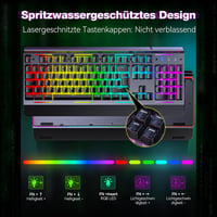 Tastatură gaming TECKNET RGB pentru PC, cu membrană, 105 taste, bază metalică, suport pentru încheieturi, RGB cu 15 zone 6