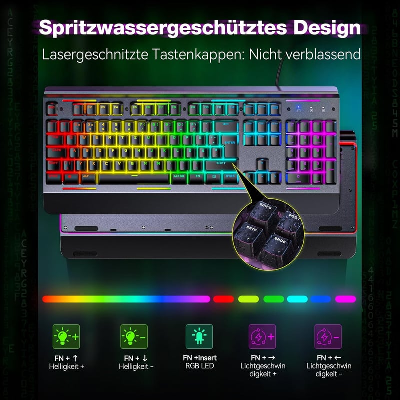 Tastatură gaming TECKNET RGB pentru PC, cu membrană, 105 taste, bază metalică, suport pentru încheieturi, RGB cu 15 zone