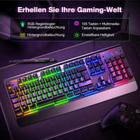 Tastatură gaming TECKNET RGB pentru PC, cu membrană, 105 taste, bază metalică, suport pentru încheieturi, RGB cu 15 zone 2