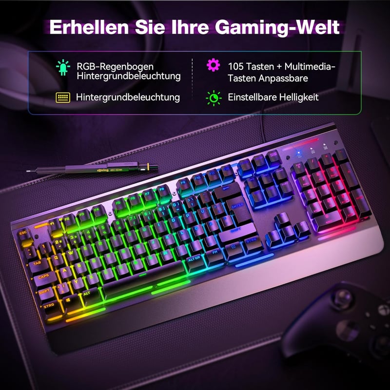 Tastatură gaming TECKNET RGB pentru PC, cu membrană, 105 taste, bază metalică, suport pentru încheieturi, RGB cu 15 zone