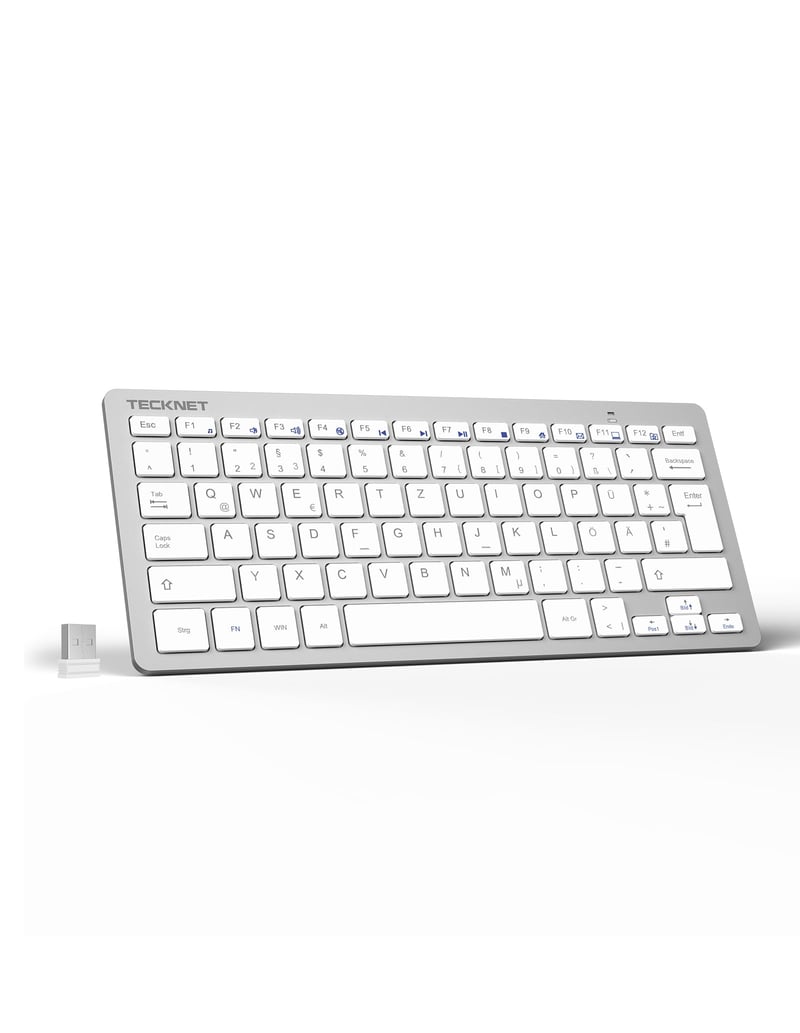 Tenká bezdrôtová klávesnica TECKNET, QWERTZ, 78 klávesov, Nano USB – strieborná