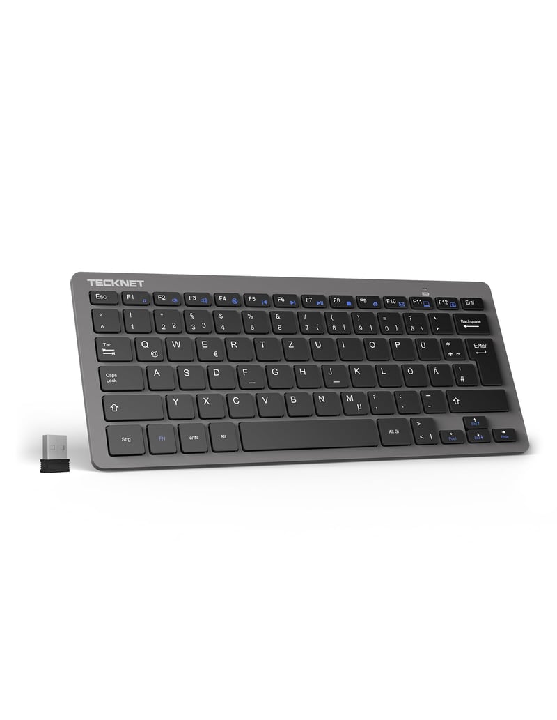 Tenká bezdrôtová klávesnica TECKNET, QWERTZ, 78 klávesov, Nano USB – sivá