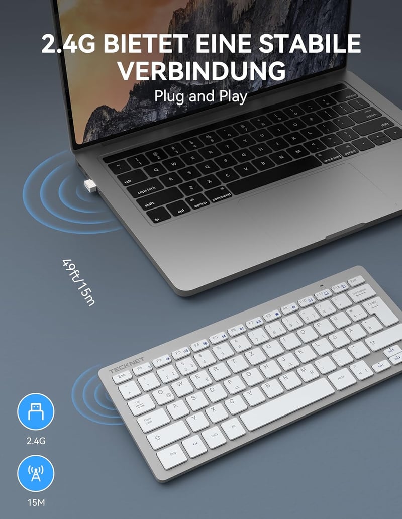 TECKNET Slim Wireless Billentyűzet QWERTZ Német Kiosztás 2.4GHz Nano USB Ezüst