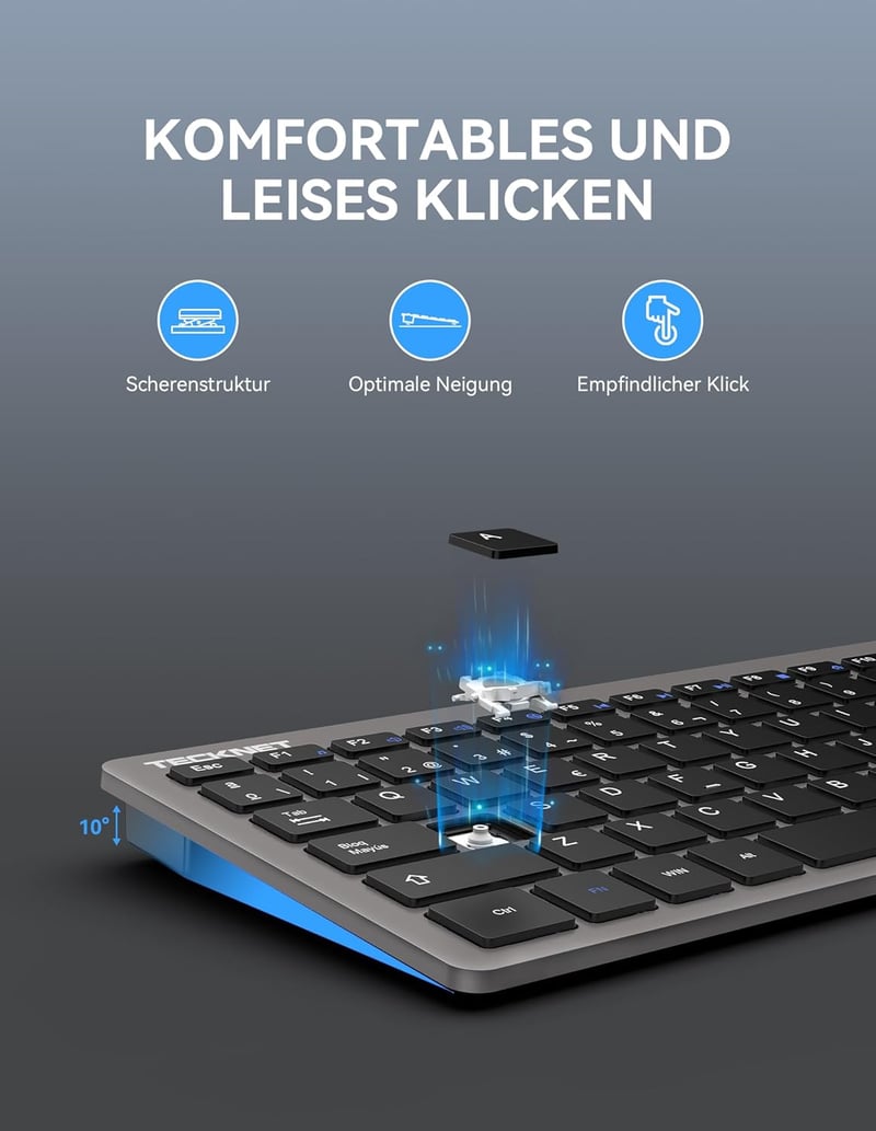 TECKNET Slim Wireless Billentyűzet QWERTZ Német Kiosztás 2.4GHz Nano USB