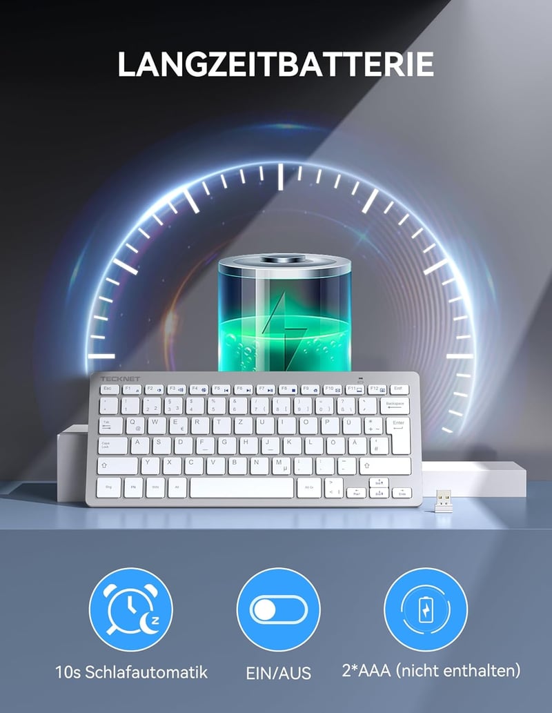 TECKNET Slim Wireless Billentyűzet QWERTZ Német Kiosztás 2.4GHz Nano USB Ezüst
