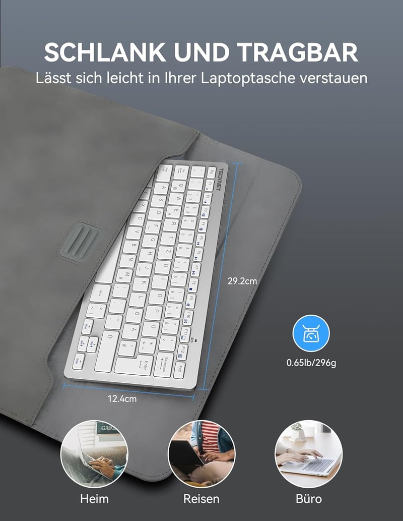 TECKNET Slim Wireless Billentyűzet QWERTZ Német Kiosztás 2.4GHz Nano USB Ezüst