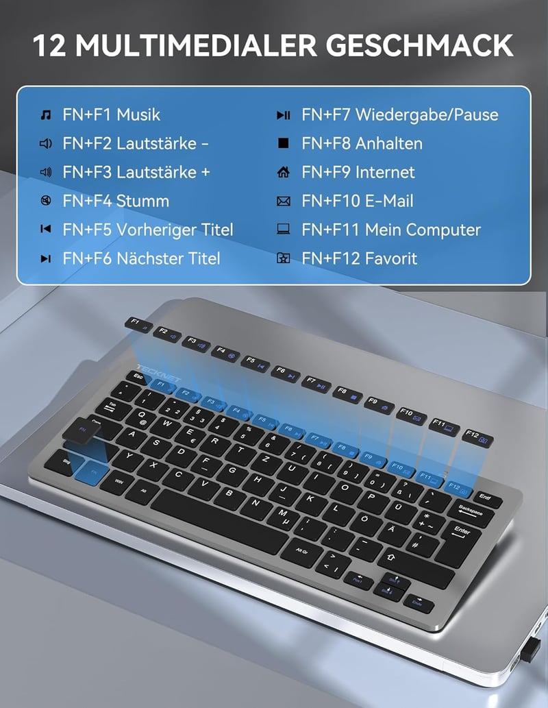 TECKNET Slim Wireless Billentyűzet QWERTZ Német Kiosztás 2.4GHz Nano USB