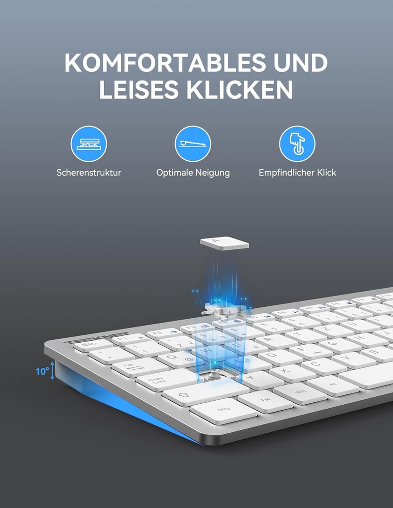 TECKNET Slim Wireless Billentyűzet QWERTZ Német Kiosztás 2.4GHz Nano USB Ezüst