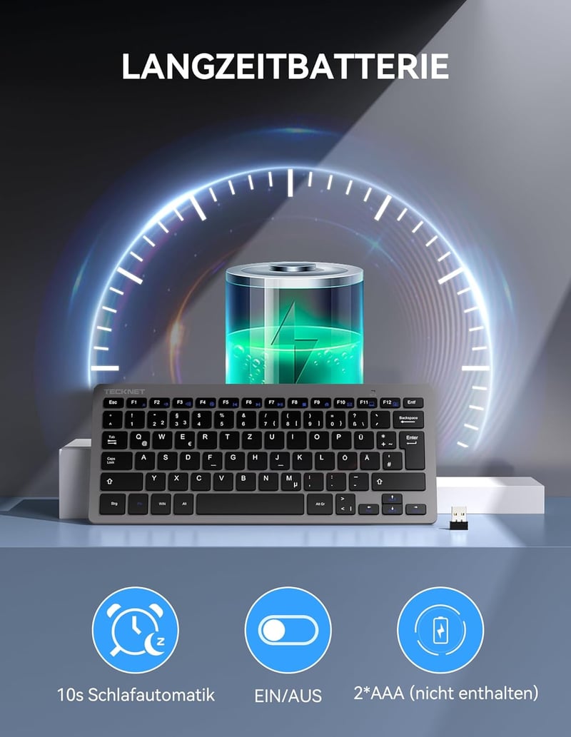 TECKNET Slim Wireless Billentyűzet QWERTZ Német Kiosztás 2.4GHz Nano USB