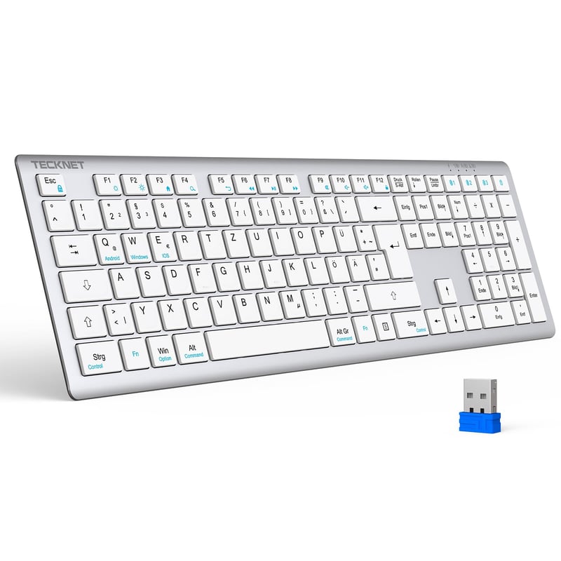 Bluetooth klávesnica TECKNET TK-KB005, 4 zariadenia, nabíjateľná, QWERTZ – strieborná