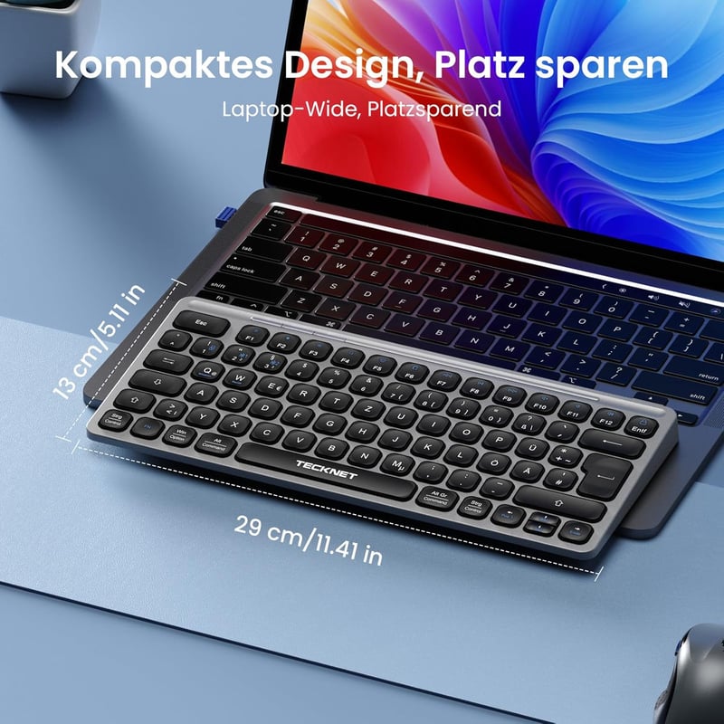 TECKNET Újratölthető Mini Bluetooth Billentyűzet - 3 Eszköz Váltás (2.4G + 2BT), QWERTZ, MacOS/iOS/Windows/Linux/Android Kompatibilis, Szürk
