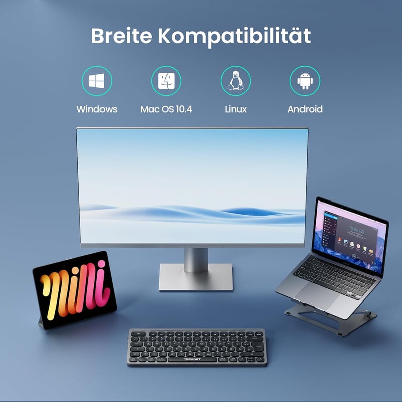 TECKNET Újratölthető Mini Bluetooth Billentyűzet - 3 Eszköz Váltás (2.4G + 2BT), QWERTZ, MacOS/iOS/Windows/Linux/Android Kompatibilis, Szürk