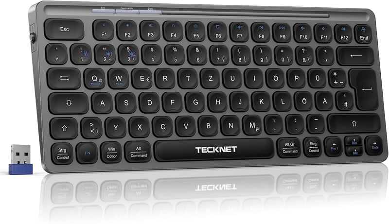 TECKNET Újratölthető Mini Bluetooth Billentyűzet - 3 Eszköz Váltás (2.4G + 2BT), QWERTZ, MacOS/iOS/Windows/Linux/Android Kompatibilis, Szürk