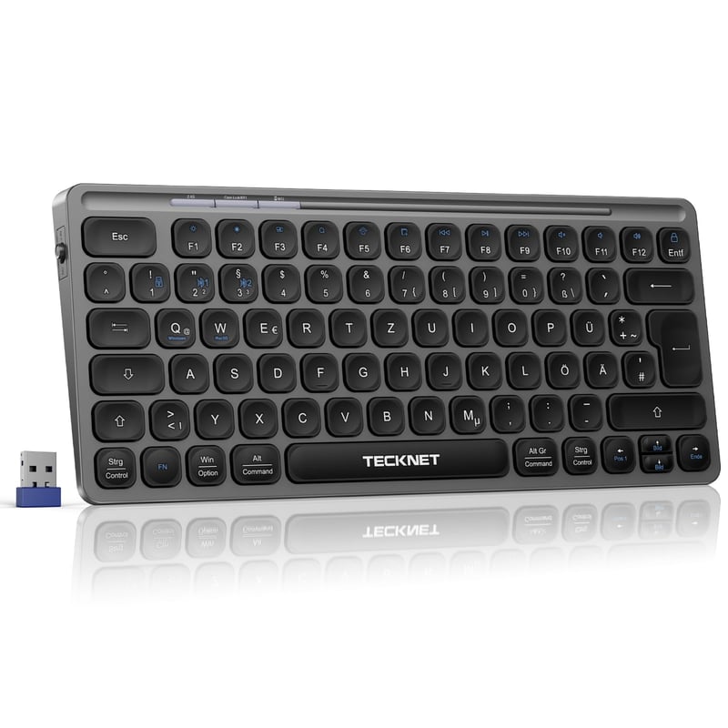 TECKNET Punjiva Mini Bluetooth Tipkovnica - Prebacivanje između 3 uređaja (2.4G + 2BT), QWERTZ, Kompatibilna s MacOS/iOS/Windows/Linux/Android, Siva