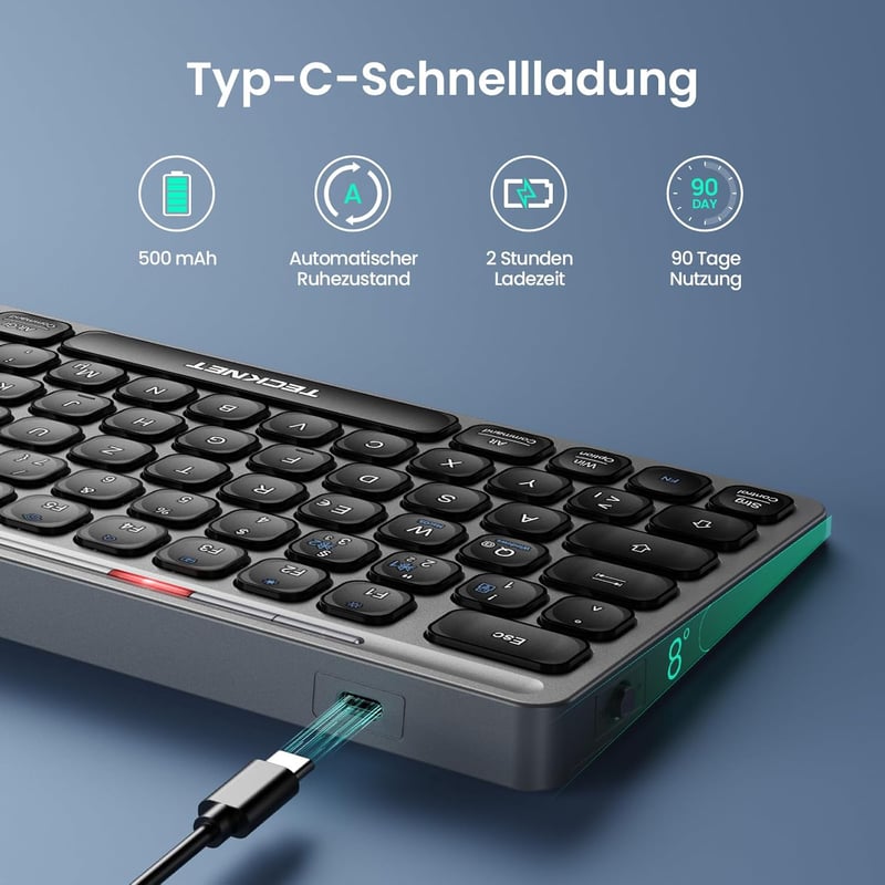 TECKNET Újratölthető Mini Bluetooth Billentyűzet - 3 Eszköz Váltás (2.4G + 2BT), QWERTZ, MacOS/iOS/Windows/Linux/Android Kompatibilis, Szürk