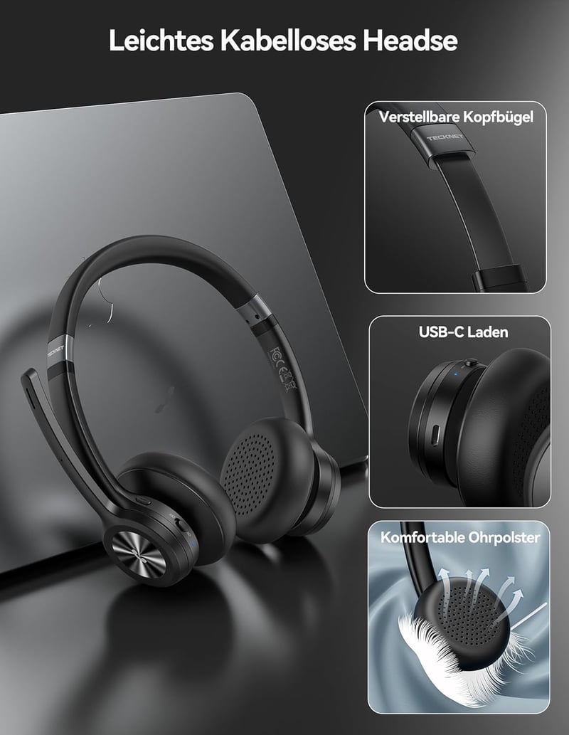 TECKNET V5.2 Bluetooth fejhallgató zajszűréssel, 50+ órás akkumulátor