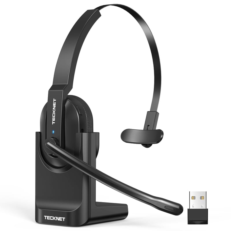 TECKNET V5.2 Bluetooth slúchadlá s mikrofónom, USB dongle, ENC potlačenie šumu, nabíjacia stanica, bezdrôtové on-ear slúchadlá pre kancelárske použitie a call centrá