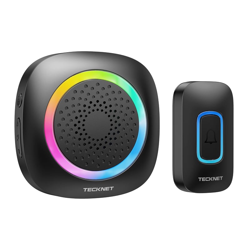 Bezdrôtový zvonček TECKNET, vonkajší, vodotesný IP66, dosah 400 m, RGB, 60 melódií, 5 úrovní hlasitosti, čierny