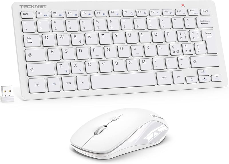 TECKNET Vezeték Nélküli Billentyűzet és Egér Szett - Olasz QWERTY Kiosztás, 2.4G Technológia, 12 Multimédiás Gyorsgomb, USB Nano Vevőegység,