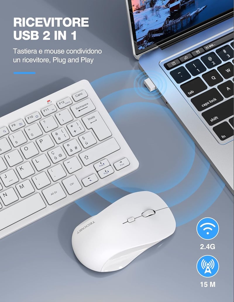 TECKNET Vezeték Nélküli Billentyűzet és Egér Szett - Olasz QWERTY Kiosztás, 2.4G Technológia, 12 Multimédiás Gyorsgomb, USB Nano Vevőegység,