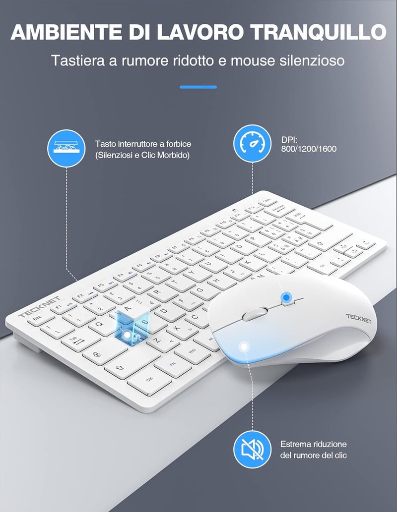 TECKNET Vezeték Nélküli Billentyűzet és Egér Szett - Olasz QWERTY Kiosztás, 2.4G Technológia, 12 Multimédiás Gyorsgomb, USB Nano Vevőegység,