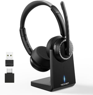 TECKNET V5.3 Bluetooth headset AI zajszűrős mikrofonnal, USB dongle és töltőállomással, 55+ óra akkumulátor