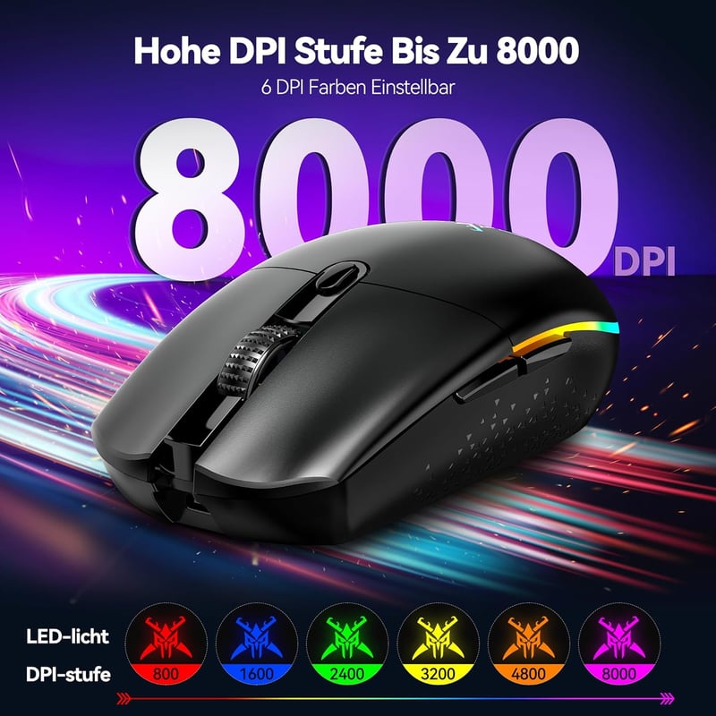 TECKNET Vezeték Nélküli Gamer Egér, 8000 DPI, RGB Világítás, 6 Programozható Gomb, 72g Könnyű, 100 Órás Akkumulátor, Kettős Csatlakozás
