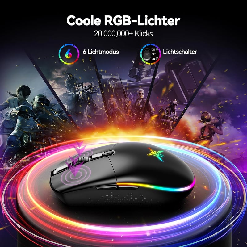 TECKNET Vezeték Nélküli Gamer Egér, 8000 DPI, RGB Világítás, 6 Programozható Gomb, 72g Könnyű, 100 Órás Akkumulátor, Kettős Csatlakozás