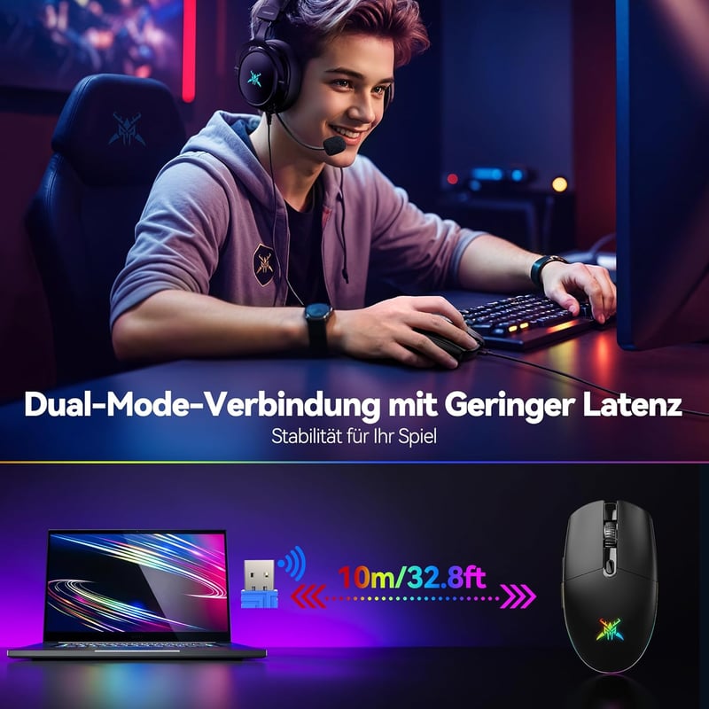 TECKNET Vezeték Nélküli Gamer Egér, 8000 DPI, RGB Világítás, 6 Programozható Gomb, 72g Könnyű, 100 Órás Akkumulátor, Kettős Csatlakozás
