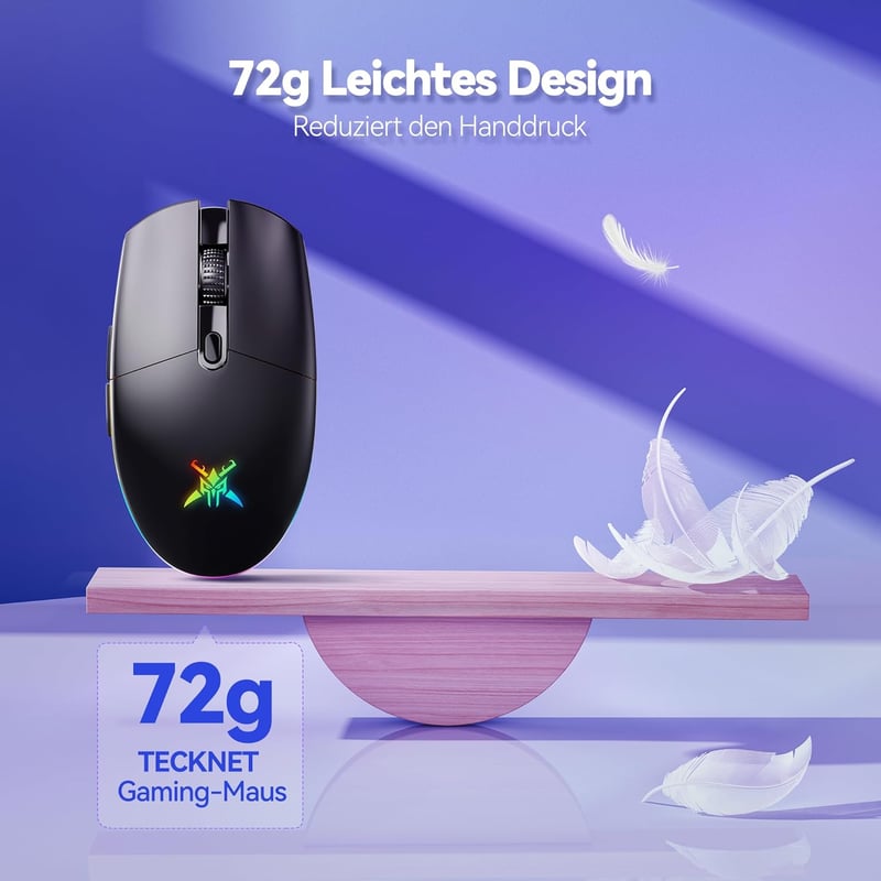 TECKNET Vezeték Nélküli Gamer Egér, 8000 DPI, RGB Világítás, 6 Programozható Gomb, 72g Könnyű, 100 Órás Akkumulátor, Kettős Csatlakozás